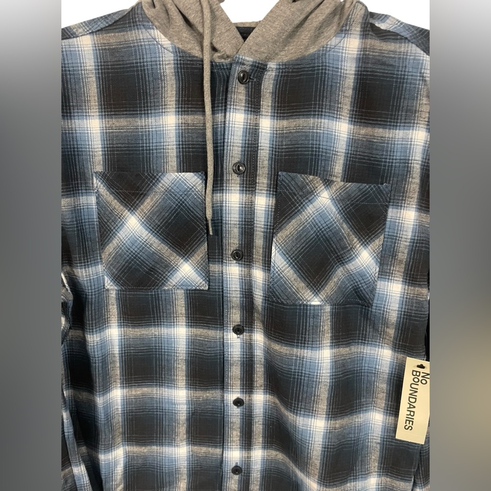 No Boundaries Hooded Flannel Shirt Blue‎ Plaid Oversized Cotton Mens Small NWT - Picture 7 of 10